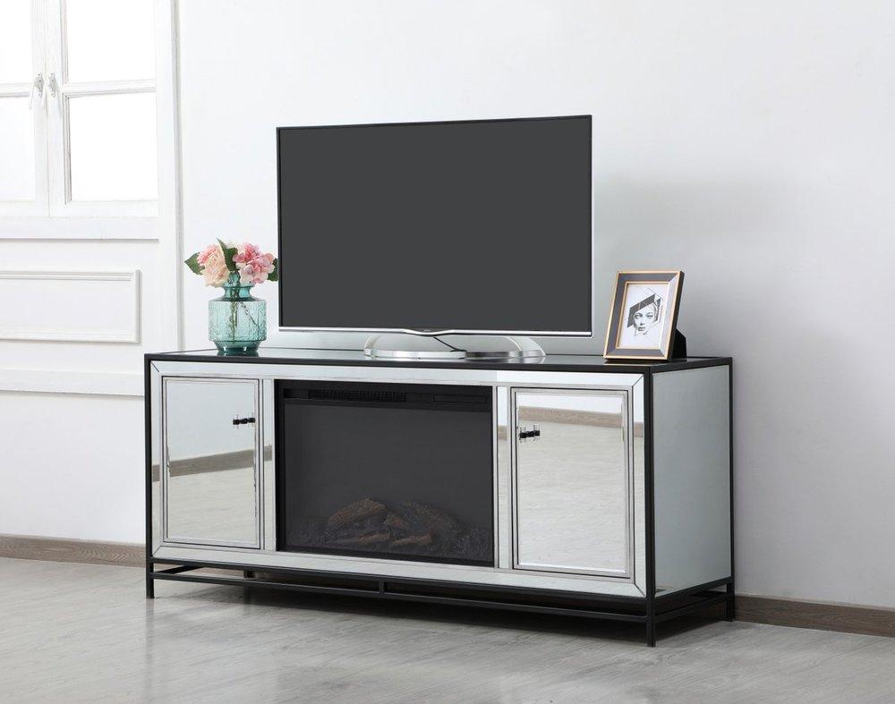 Elegant MF701BK-F1 James 60 in. mirrored tv stand with wood fireplace in black Other Furniture - Black