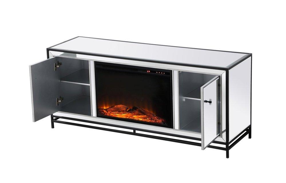Elegant MF701BK-F1 James 60 in. mirrored tv stand with wood fireplace in black Other Furniture - Black